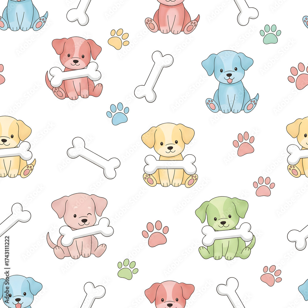 Obraz premium Seamless pastel puppies with bones and paw prints on a white background