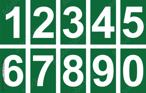 White numbers 0 to 9 printed on green rectangular background plates