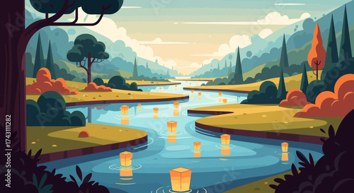 River Lanterns - A Serene Landscape Illustration.