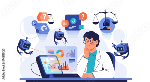 Scientist Analyzing Data with Robots and Scales of Justice.