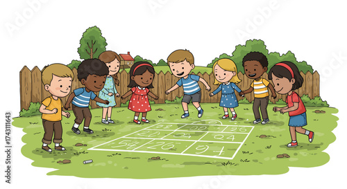 A group of children play hopscotch drawn on a lawn in a fenced backyard
