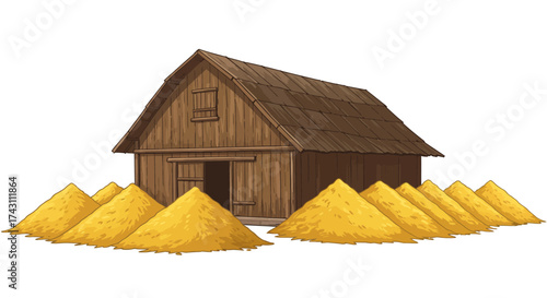 A wooden barn stands behind hay piles rustic scene