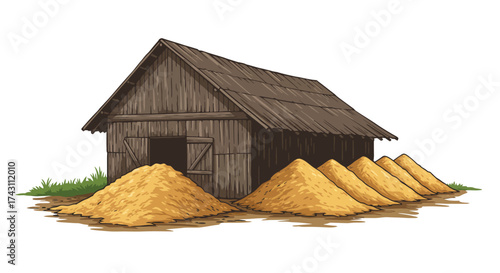 A weathered wooden barn stands beside rows of golden haystacks