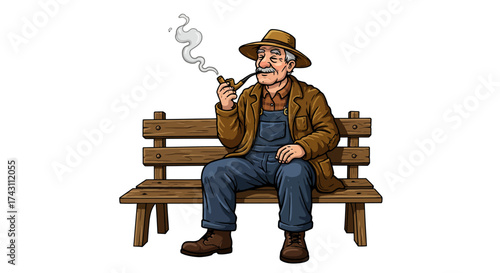 A man in overalls sits on a bench smoking a pipe
