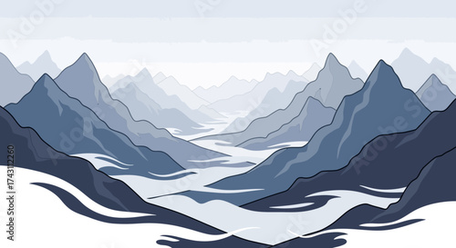 Serene Mountain Range Landscape with Snow-Covered Valleys and Misty Peaks.