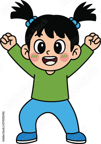 Cute happy cartoon girl with pigtails celebrating joyfully, smiling child in colorful outfit, cheerful kid vector illustration design art