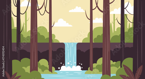 Serene Waterfall Landscape in a Lush Forest Setting.