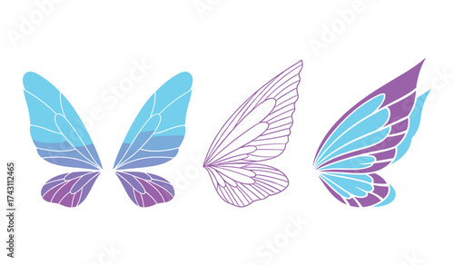 A set of three stylized butterfly wings in purple and blue on white background fairy wings insect wings
