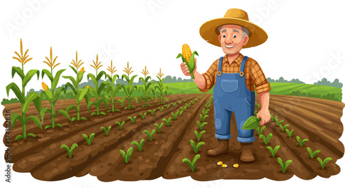 Cartoon farmer stands in a cornfield holding an ear of corn and a trowel