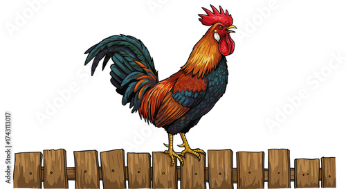 A colorful rooster stands atop a weathered wooden fence