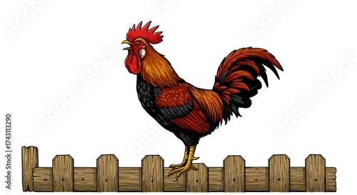 Rooster with red comb atop a wooden fence mouth open crowing
