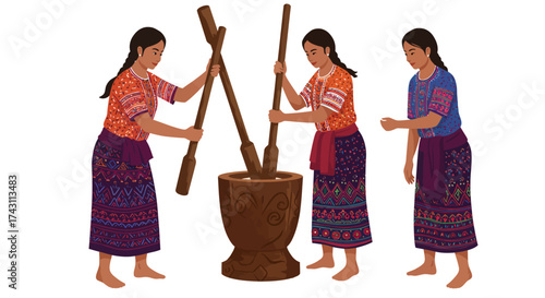 Three women in traditional attire use pestles to grind grain in a wooden mortar