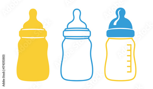 A set of three baby bottles one solid yellow one outlined blue and one blue capped yellow with markings feeding bottle