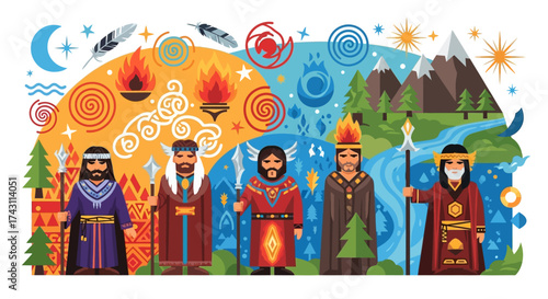 Slavic Gods Pantheon - Perun, Veles, Dazhbog, Stribog, Mokosh, mythology illustration.