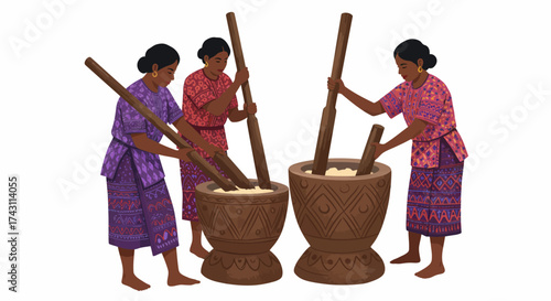 Three women use mortar  pestle in a rhythmic process wearing traditional clothing