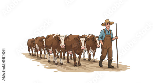 Farmer leads brown cows wearing straw hat overalls holding staff