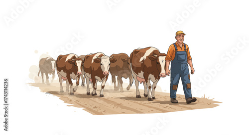 A farmer walks beside cows on a dirt path