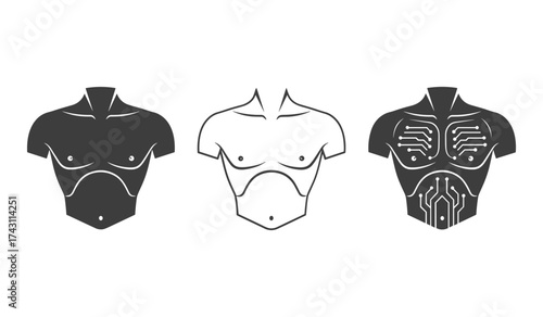 A set of three stylized human torsos one solid black one outline one with circuit board design human body male torso