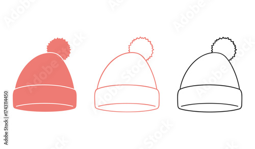 A set of three knitted winter hats with pom poms in coral and black outline knitted hat