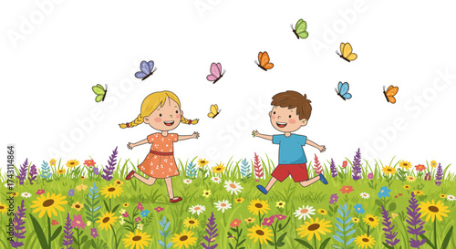 Children chase butterflies in a vibrant wildflower field on a sunny day