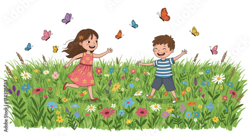 Children chase butterflies in a flowerfilled meadow with long grass
