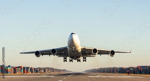 Large cargo airplane with four engines lifting off from a runway cargo plane