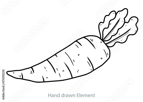 Simple black and white illustration of a single carrot with green leafy top, hand-drawn style.
