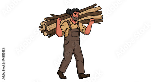 A man with dark hair and beard carrying a large bundle of sticks on his shoulders