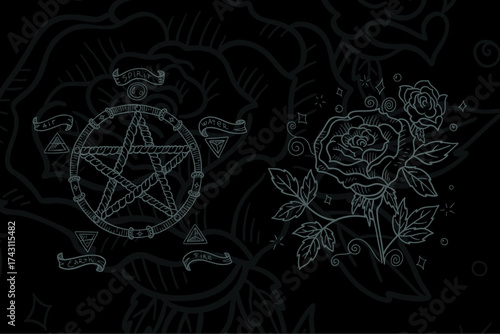 Detailed sketches of a pentagram with symbols and a rose against a dark background, showcasing mystical themes and artistic design