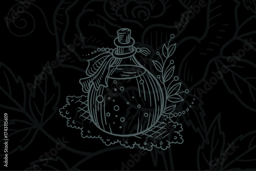 Decorative bottle surrounded by leaves and flowers in an artistic black background design