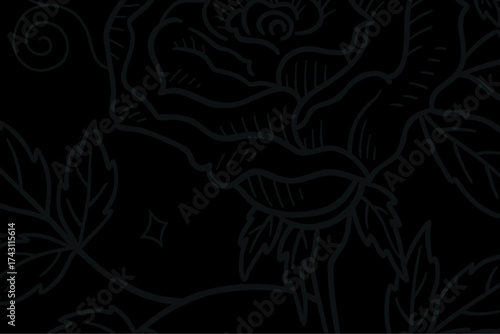 Black and white floral illustration featuring a detailed rose design on a dark background