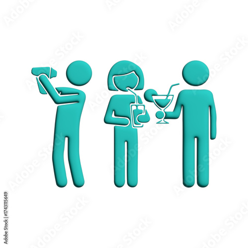Turquoise stick figures enjoying refreshing beverages at a party, socializing and having fun in 3D minimalist style.