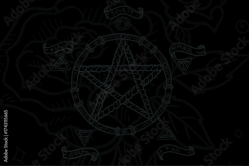Pentagram artwork representing the elements and spirit in a mystical design