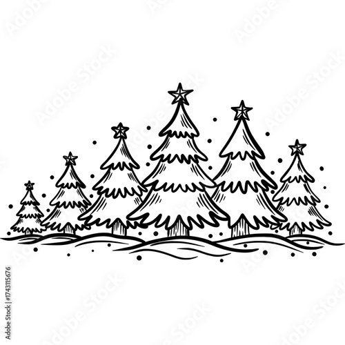 Winter Christmas Trees Outline Illustration