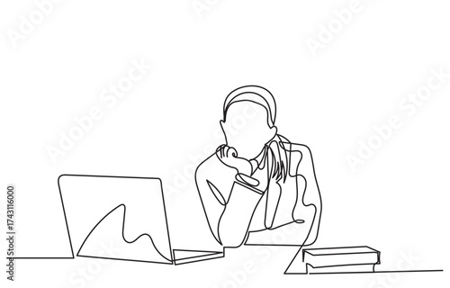 continuous line drawing of a woman sitting at a desk, thoughtfully looking at a laptop screen. Single line-art girl thinking with a laptop, symbolizing work, creativity, or problem-solving.Vector 