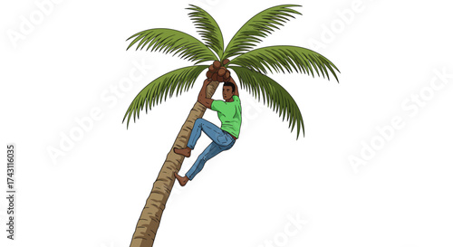 A man climbs a palm tree with green leaves on a white background