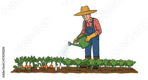 A farmer in overalls waters a row of mixed crops in a garden