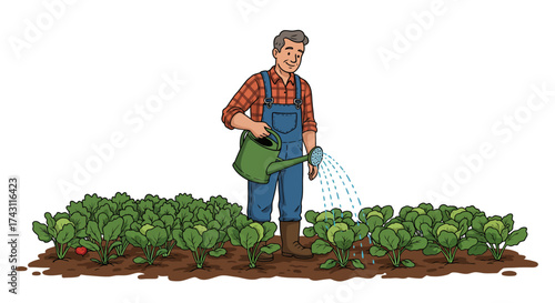 A farmer waters a field of leafy green plants with a watering can