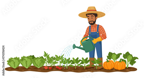A farmer waters a garden with lettuces tomatoes beets and pumpkins