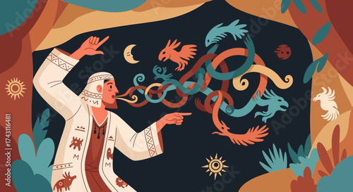 Storyteller weaving tales of mythical creatures with gestures and smoke.