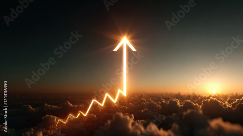 Glowing arrow graph rising above clouds with bright tip, symbolizing growth, success, and optimism at sunrise