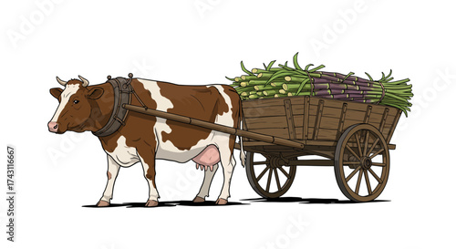 Cow pulls a cart filled with bundled sugarcane in an illustration