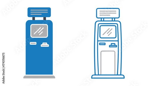 Two blue and grey kiosk machines side by side on white background terminal interactive