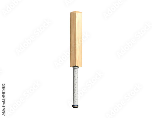 A cricket bat stands upright against a black background, realistic depiction