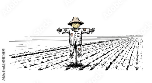 A scarecrow with patches stands in a cultivated field under a horizon line