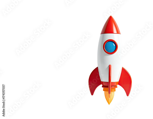 Red, white, and blue cartoon rocket ship taking off on a black background