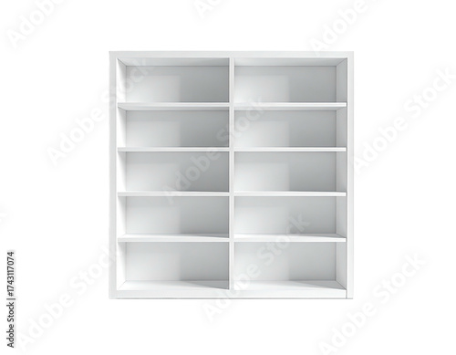 Empty white bookshelf, front view, with many shelves, set against black
