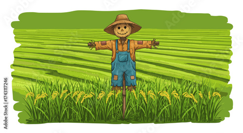 A scarecrow in a field wearing overalls and a hat stands among tall grass with a green field behind