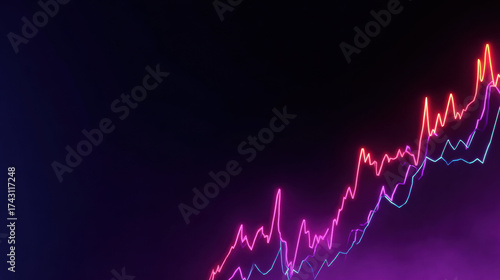 Abstract glowing line graph rising and falling dynamically, neon color, dark background, futuristic, financial concept