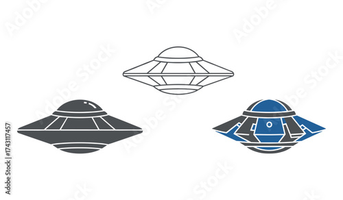 A set of three flying saucer icons in different styles and colors alien spaceship